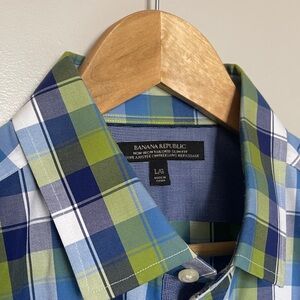 Banana Republic Blue and Green Checkered Shirt Men's Large